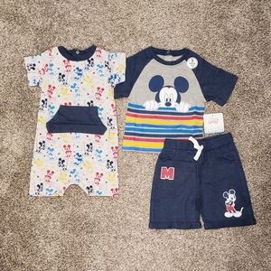0 Mickey Mouse 3pc Tshirt + Shorts + Romper, Disney, Baby Boy 18months